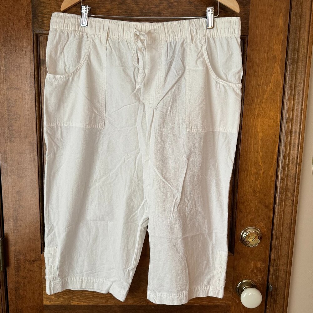 Erika White Cotton Cropped Pull-On Pants w/Elastic Waist & Drawstring Large